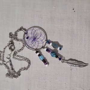 Boho Silver Necklace with Purple and Blue Accents 24 Inch Neckjace